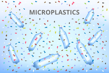 Vector illustration of microplastics – very small pieces of plastic products such as bottles in water. Water, ocean, sea pollution. Ecosystem problem – water pollution, plastics garbage. Eco design.