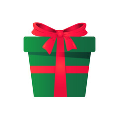 Green gift box with red ribbon and bow. Design element for postcard, invitation, banner. Symbol of birthday, Christmas, New Year. Vector illustration isolated on white background