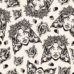 Halloween monochrome vintage seamless pattern