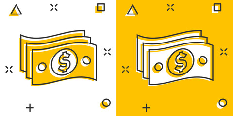 Money stack icon in comic style. Exchange cash cartoon vector illustration on white isolated background. Banknote bill splash effect business concept.