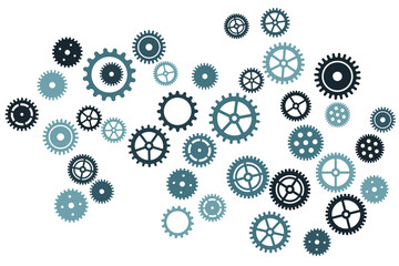 Gears icon vector set, cogwheel pictogram collection. Mechanical industry elements, motor or clock circle parts with cogs. Mechanical cogwheel metallic gears. Flat icons isolated. Motion symbols.