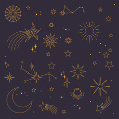 Stars, moons and constellations. Linear design astrology elements. Seamless pattern of celestial space background.