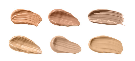 Set with different shades of liquid skin foundation on white background, top view. Banner design