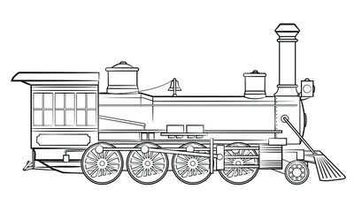 Steam locomotive - simple line art contour of vehicle.
