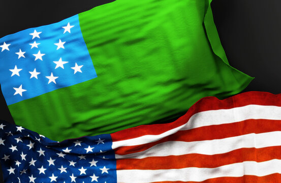 Flag of the Vermont Republic along with a flag of the United States of America as a symbol of a connection between them, 3d illustration