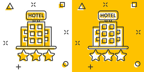 Hotel 3 stars sign icon in comic style. Inn building cartoon vector illustration on white isolated background. Hostel room splash effect business concept.