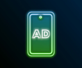 Glowing neon line Advertising icon isolated on black background. Concept of marketing and promotion process. Responsive ads. Social media advertising. Colorful outline concept. Vector