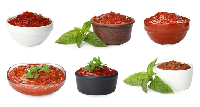 Set with adjika sauce on white background