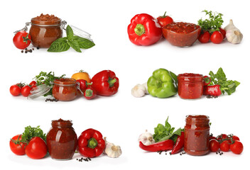 Set with adjika sauce and ingredients on white background