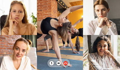 Group training. Collage with young multiethnic people, men and women watching online women trainings, lessons using video app, PC and laptop screen