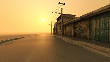 Fototapeta na wymiar Old empty street with deserted concrete buildings and electricity poles at sunset. 3D render.