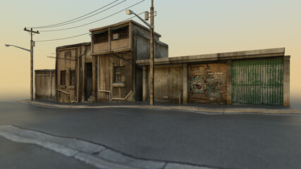 Fototapeta na wymiar Old empty street with deserted concrete buildings and electricity poles at sunset. 3D render.