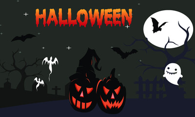 Halloween night background, pumpkins, bat, tree, moon and dark castle. Happy Halloween banner or party invitation background vector illustration.