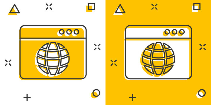 Website domain icon in comic style. Global internet address cartoon vector illustration on white isolated background. Server splash effect business concept.