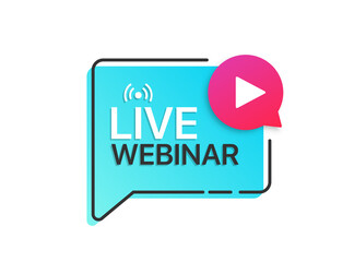 Live Webinar button label with play icon. Logo for online education