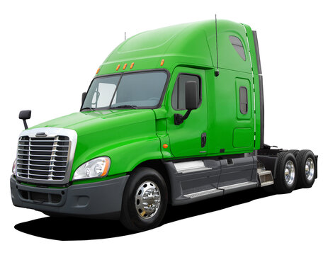 Large American modern tractor truck in full green color isolated on white background.