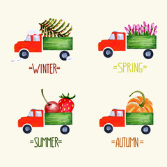 Hand made watercolor set of Seasons Vehicles