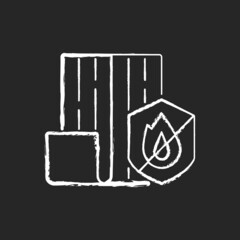 Resistance to fire chalk white icon on dark background. Choosing fireproof construction materials. Fire-resistant house. Noncombustible structure. Isolated vector chalkboard illustration on black
