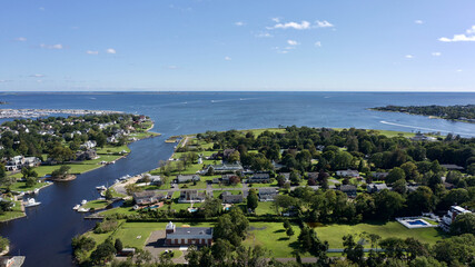 Aerial shot of an island community in Bay Shore, Long Island, New York, the US on a sunny day