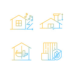 Home construction safety gradient linear vector icons set. Sound insulation. Minimum chimney height. Resistance to fire. Thin line contour symbols bundle. Isolated outline illustrations collection