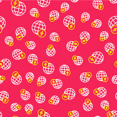 Line Global energy power planet with flash thunderbolt icon isolated seamless pattern on red background. Ecology concept and environmental. Vector