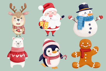 Watercolor christmas characters collection