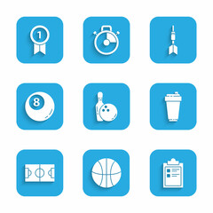 Set Bowling pin and ball, Basketball, Sport training program, Fitness shaker, Football soccer field, Billiard pool snooker, Dart arrow and Medal icon. Vector