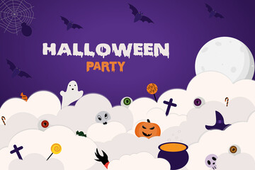 Halloween decorative banner or party invitation vector background. Candies, pumpkins, flying bats, spider and with other ornaments on purple background. Fool moon and clouds in paper cut style