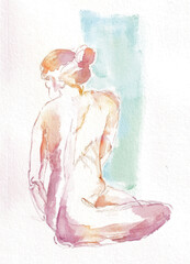 Freehand-watercolor-illustration-of-a-beautiful-female-nude-model-sitting-on-the-floor-aesthetic-silhouette-set-icon