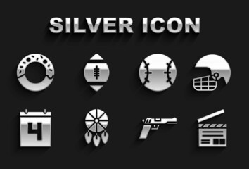 Set Dream catcher with feathers, American football helmet, Movie clapper, Pistol or gun, Calendar date July 4, Baseball, Donut and Football icon. Vector