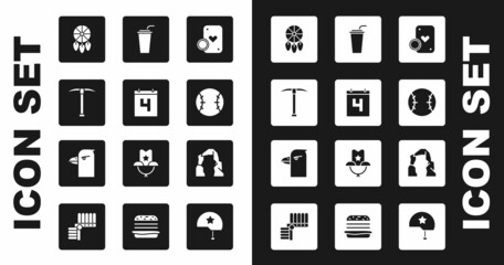 Set Casino chip and playing cards, Calendar with date July 4, Pickaxe, Dream catcher feathers, Baseball ball, Paper glass straw, Grand canyon and Eagle head icon. Vector