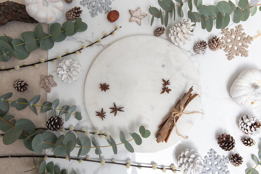 Christmas decorations on a white background, green leaves and red berries