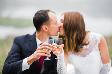 Smiling wedding couple clinking with glasses of champagne