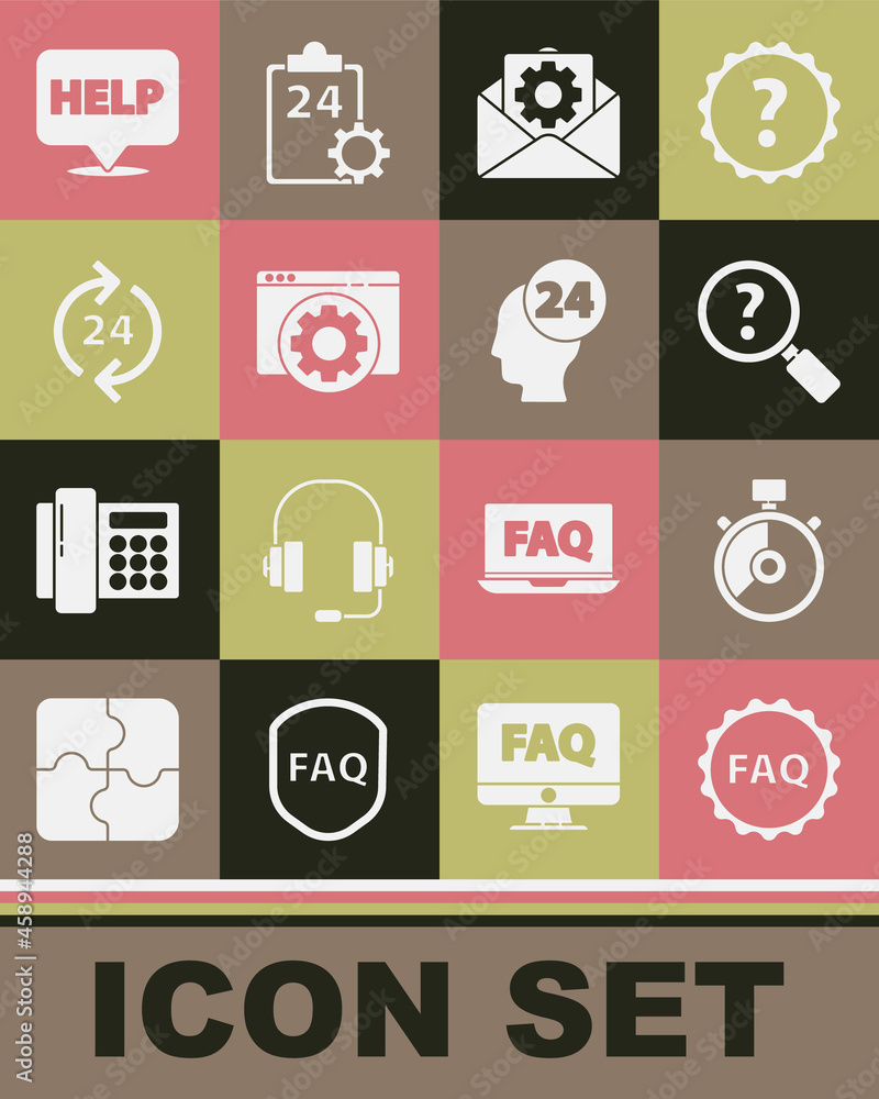 Poster set label with text faq, stopwatch, unknown search, envelope setting, browser, telephone 24 hours su