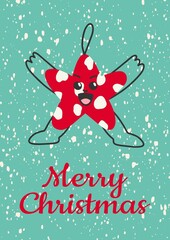 Christmas vector card in retro style. Red star on a blue background. New Year's mood, holiday.