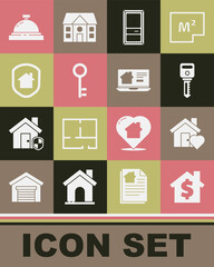 Set House with dollar symbol, heart shape, key, Closed door, under protection, Hotel service bell and Online real estate house icon. Vector