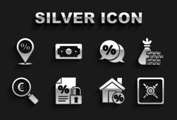 Fototapeta premium Set Finance document and lock, Money bag coin, Safe, House with percant discount, Magnifying glass euro, Discount percent tag, Location and Stacks paper money cash icon. Vector