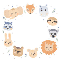 Round frame with animal faces, lemur, mouse, bear, lion, hippo, elephant, fox and raccoon. Design template for text, copy space