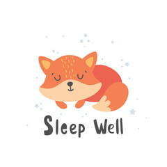vector illustration of cute fox and text