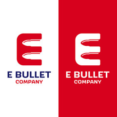 Letter Initial E with Bullet Projectile Cartridge Ammo for Gun Shop Armory Army Military Soldier Brand Business Company in Simple Flat Retro Logo Design Template.