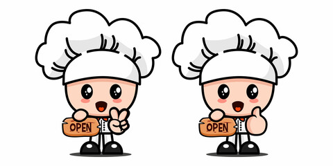 Adorable chef holding open sign - Cute Adorable Doodle Illustration