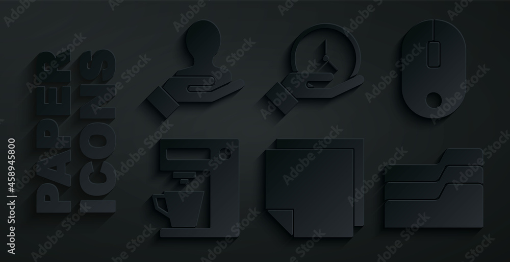 Poster Set Post note stickers, Computer mouse, Coffee machine, Document folder, Clock and Hand for search people icon. Vector