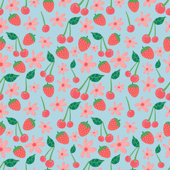 Cherry strawberry pattern, cute fruit cartoon seamless background