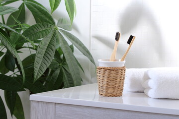 Two bamboo toothbrushes with charcoal bristles in the white bathroom with green plant.