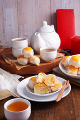 Sweet Filling with Salted Egg and Hot Tea, Asian Mid-Autumn Festival