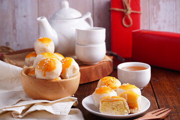 Sweet Filling with Salted Egg and Hot Tea, Asian Mid-Autumn Festival