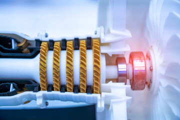 3d printed jet engine scale model. High bypass aircraft turbofan plastic replica.