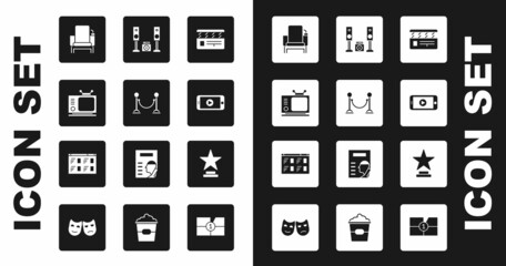 Set Movie clapper, Rope barrier, Retro tv, Cinema chair, Online play video, Home stereo with two speakers, trophy and icon. Vector