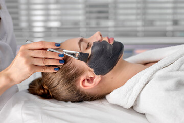Side view portrait of beautiful caucasian young woman enjoying SPA, lying on massage table with cropped cosmetologist applying face maskon face with brush, lady is receiving spa treatment