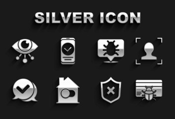 Set Smart home, Face recognition, System bug in credit card, Shield with cross mark, Check speech bubble, Eye scan and Smartphone icon. Vector